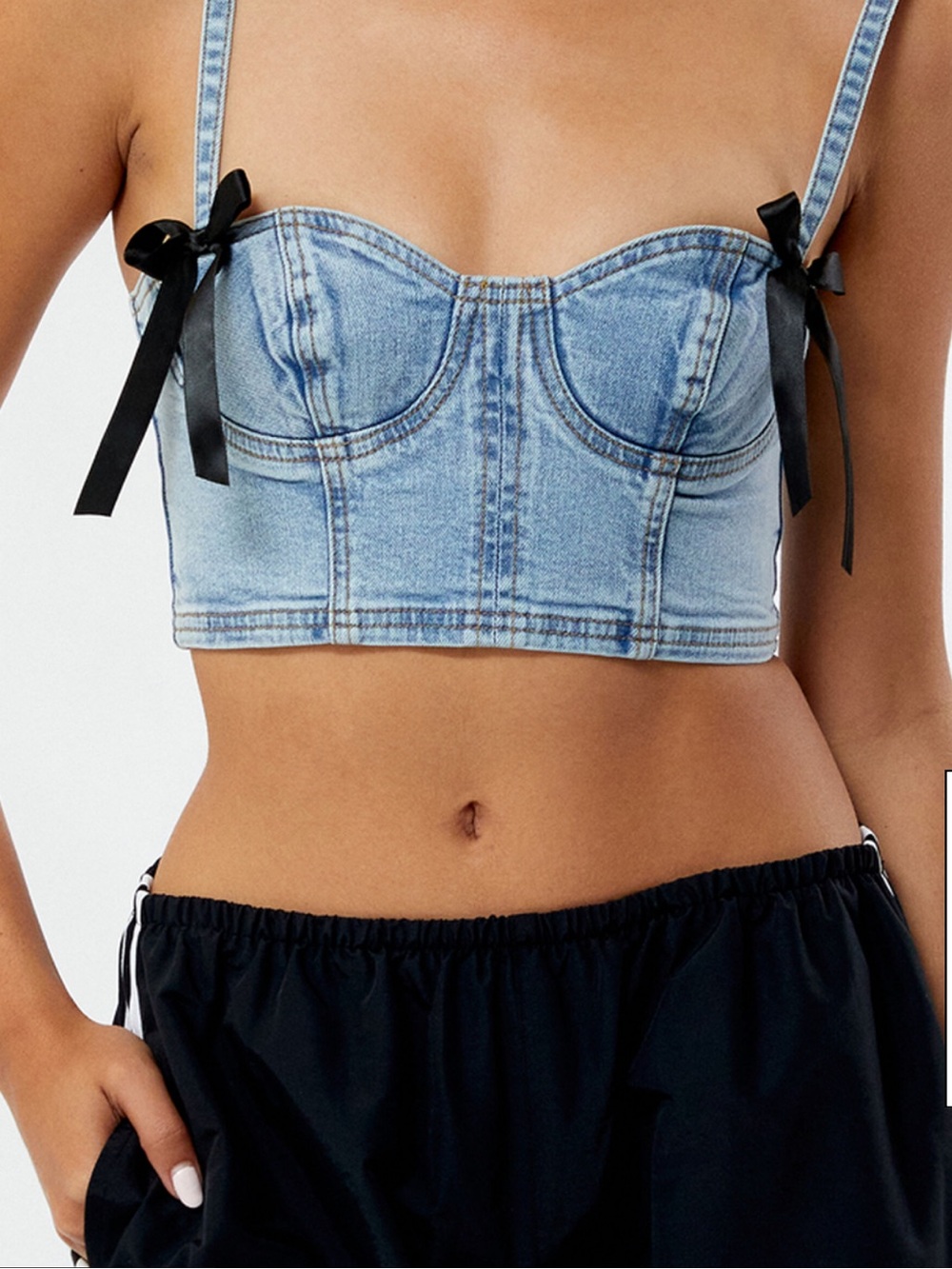 PacSun Light Blue Denim Bustier Crop Top with Black Bow Straps